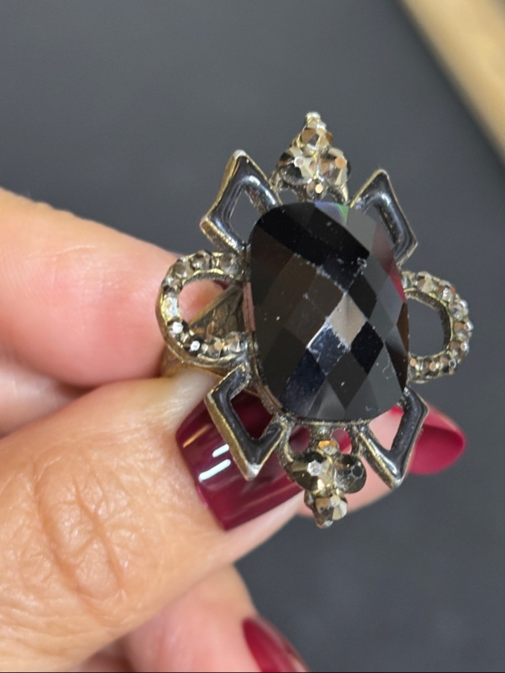 Ann Koplik Designs Black Antique Gold Tone Vintage Look Adjustable Ring
